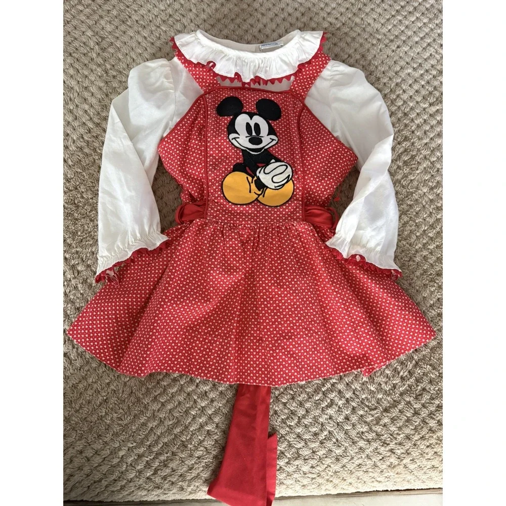 Vintage Minnies Corner Youngland Disney Mickey Red White Pinafore Dress Size 4T